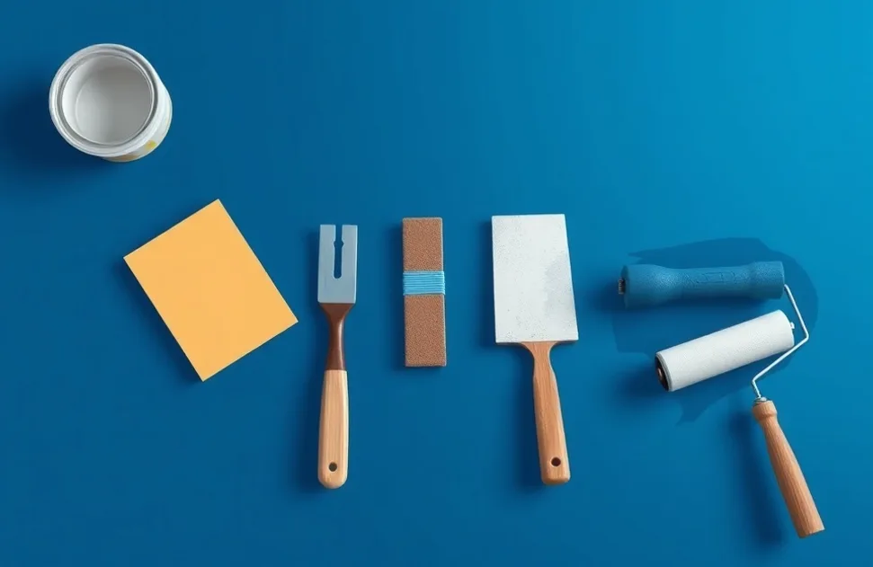 Outils de peinture disposés dans l'ordre des étapes du chantier