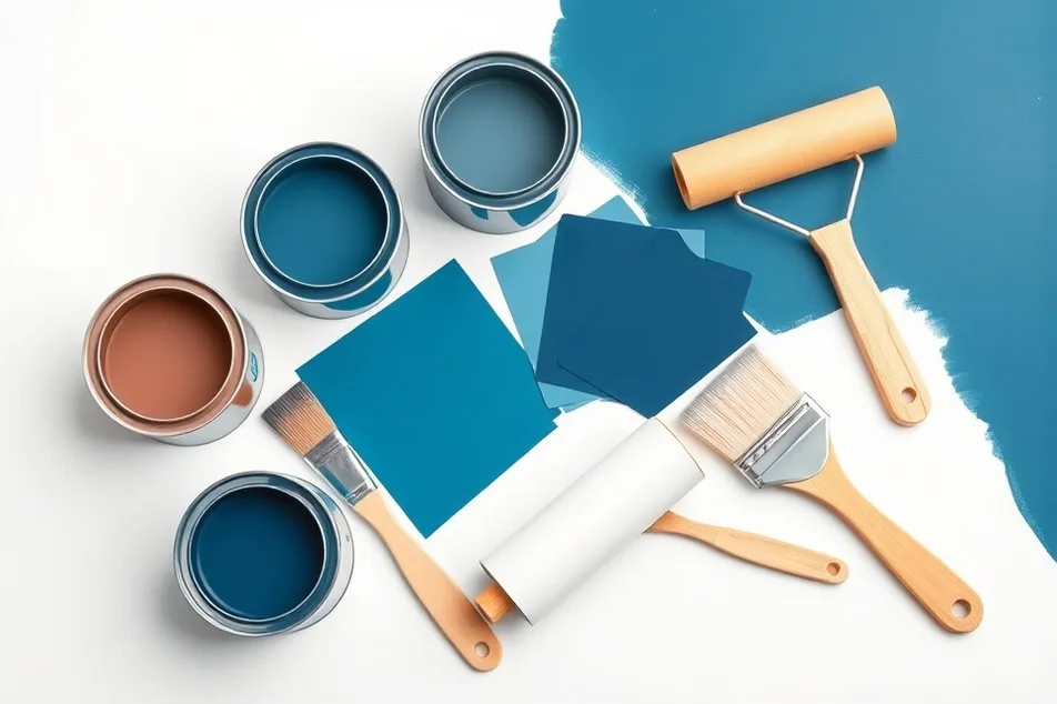 Pots de peinture, nuancier, brosses et rouleaux disposés à plat