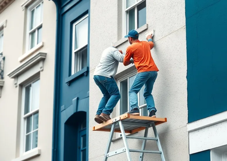 Peintre sur échafaudage traitant la façade d'une maison