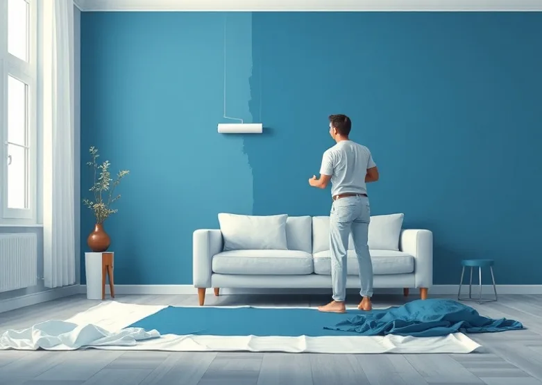 Peintre appliquant la peinture au rouleau sur un mur de salon